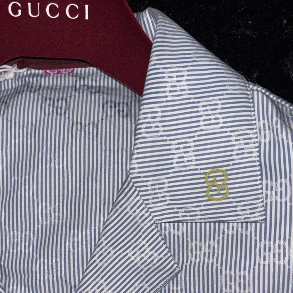Gucci Blue Striped Short Sleeves Cotton Bowling Shirt
